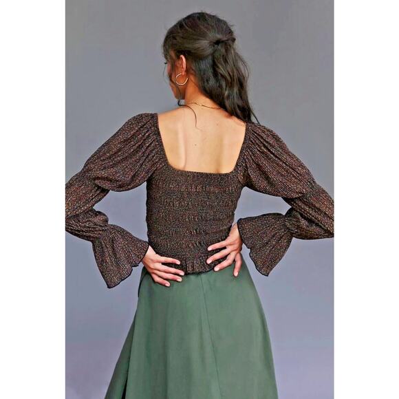 Anthropologie Shimmer Puff Sleeve Smocked Cropped Peplum Top Small Cocoa Brown - Picture 2 of 12